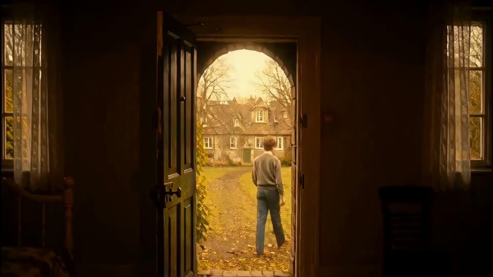A figure walking out through an arched doorway into autumn light